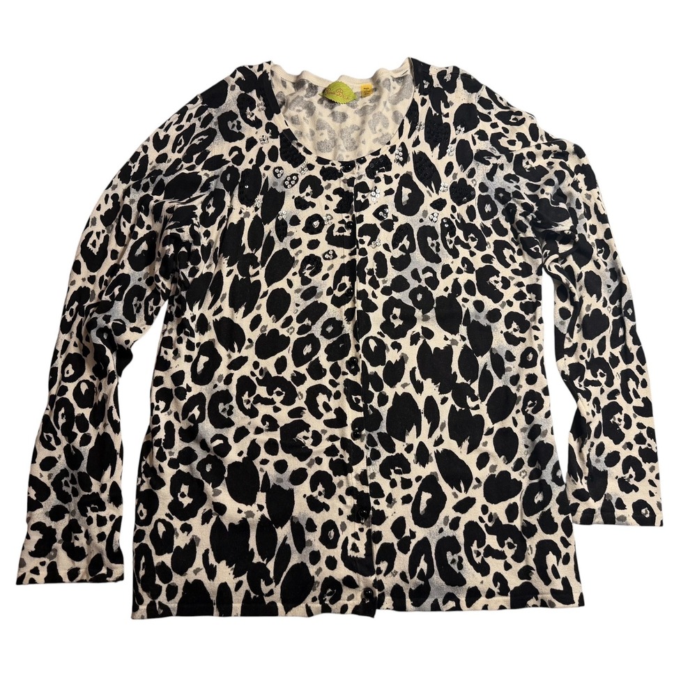VTG Prima Bella Cardigan Black White Leopard Sequin Embellished Petite XL‎ Women